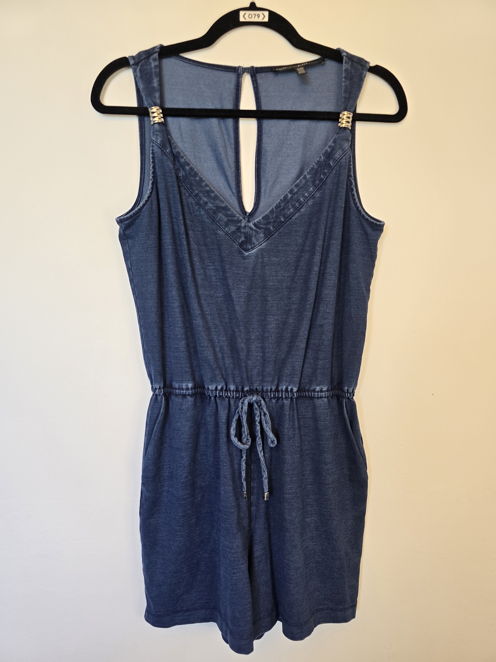 White House Black Marker Blue Sleeveless Romper with V-Neck and Drawstring